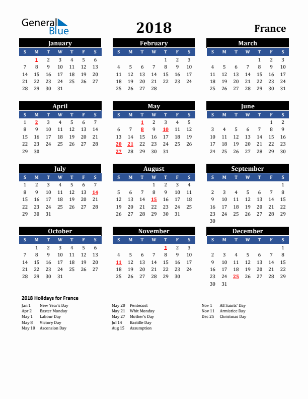 2018 France Holiday Calendar