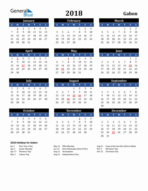 2018 Gabon Holiday Calendar