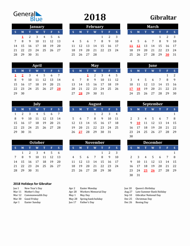 2018 Gibraltar Holiday Calendar