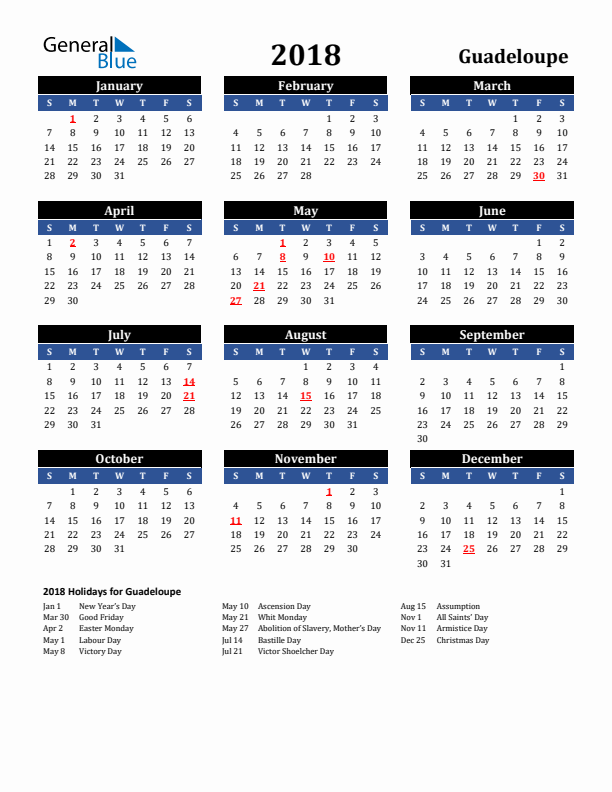 2018 Guadeloupe Holiday Calendar