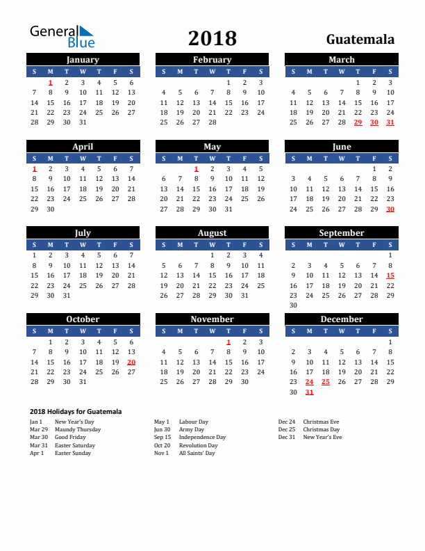 2018 Guatemala Holiday Calendar