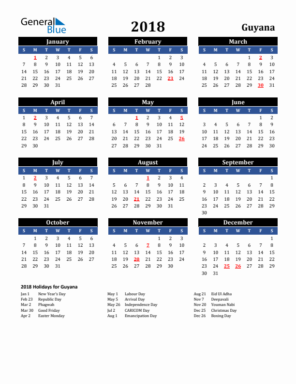 2018 Guyana Holiday Calendar