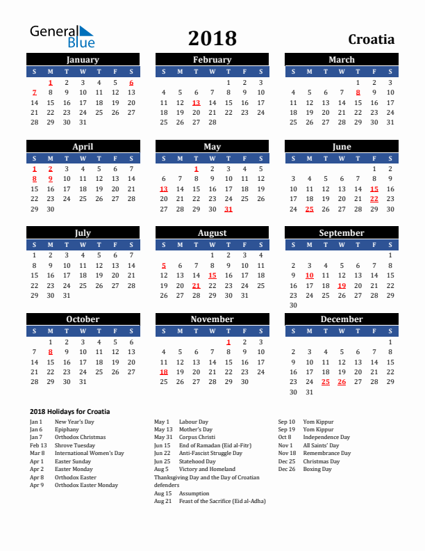 2018 Croatia Holiday Calendar