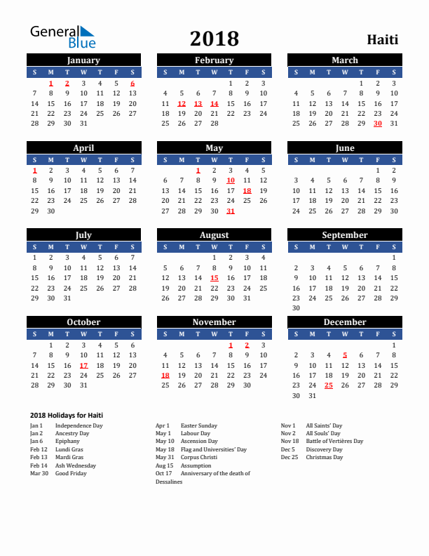 2018 Haiti Holiday Calendar