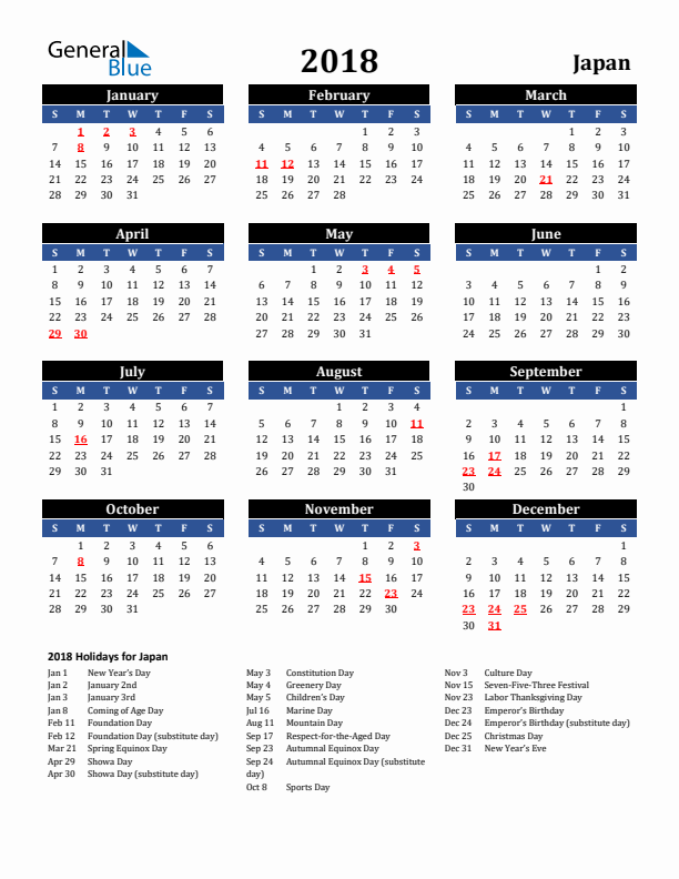 2018 Japan Holiday Calendar