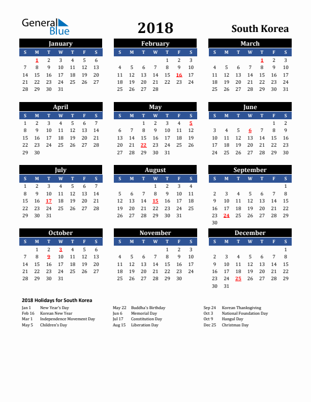 2018 South Korea Holiday Calendar