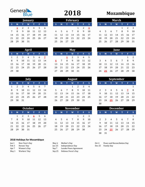 2018 Mozambique Holiday Calendar