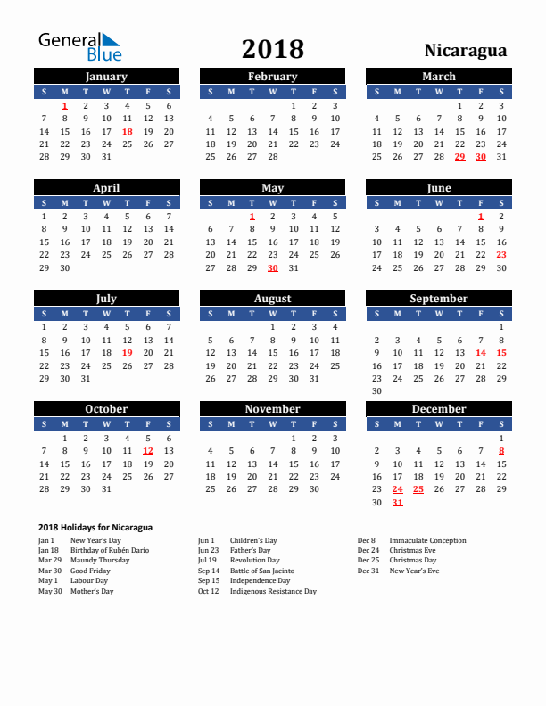 2018 Nicaragua Holiday Calendar