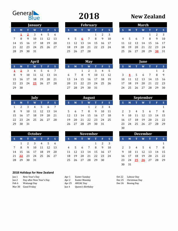 2018 New Zealand Holiday Calendar