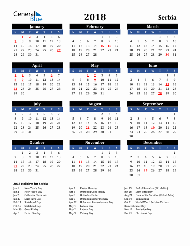 2018 Serbia Holiday Calendar