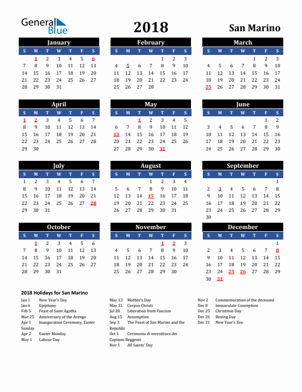 2018 San Marino Holiday Calendar