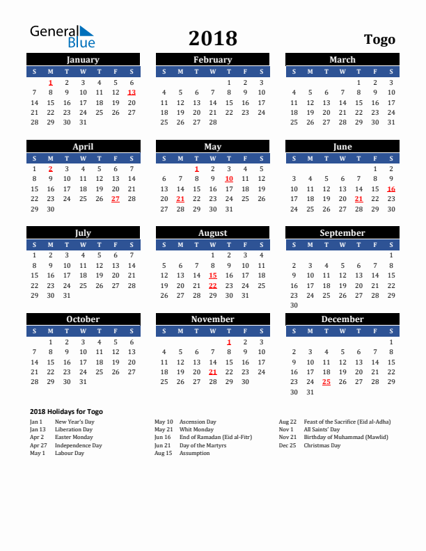 2018 Togo Holiday Calendar