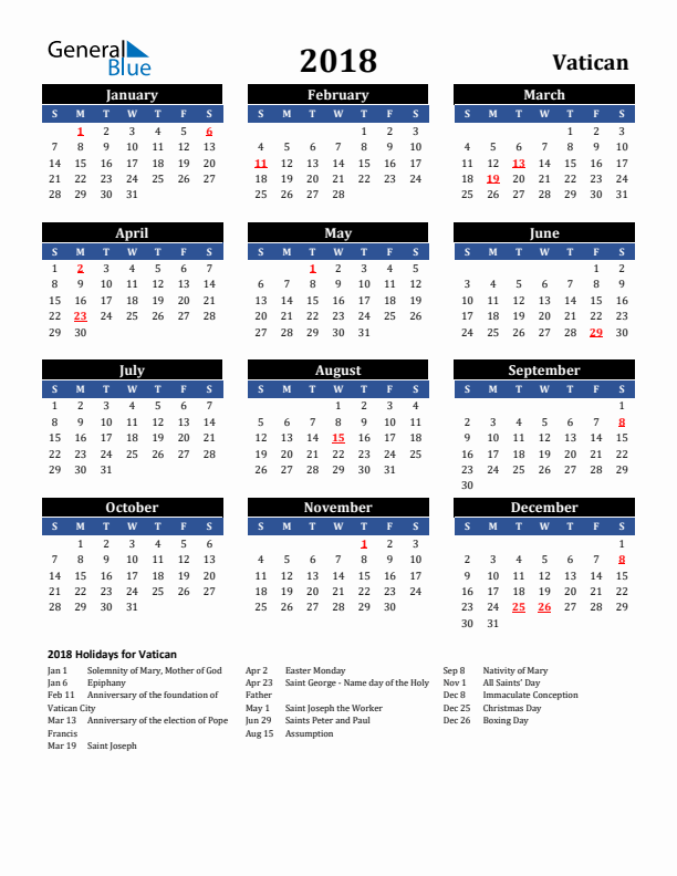 2018 Vatican Holiday Calendar