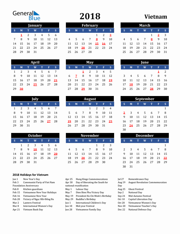 2018 Vietnam Holiday Calendar