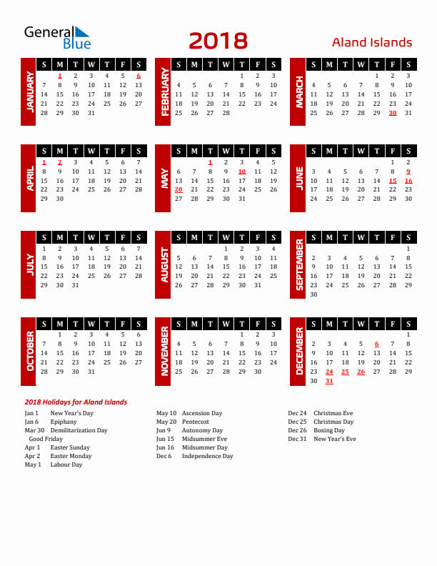 Download Aland Islands 2018 Calendar - Sunday Start