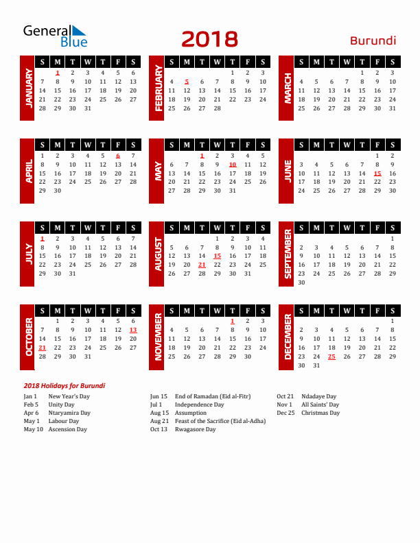 Download Burundi 2018 Calendar - Sunday Start