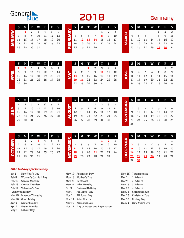 Download Germany 2018 Calendar - Sunday Start