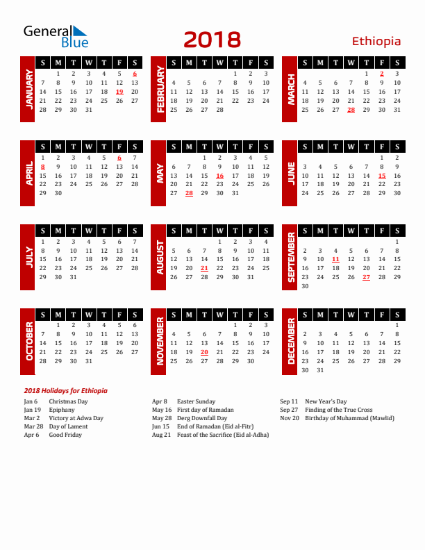 Download Ethiopia 2018 Calendar - Sunday Start