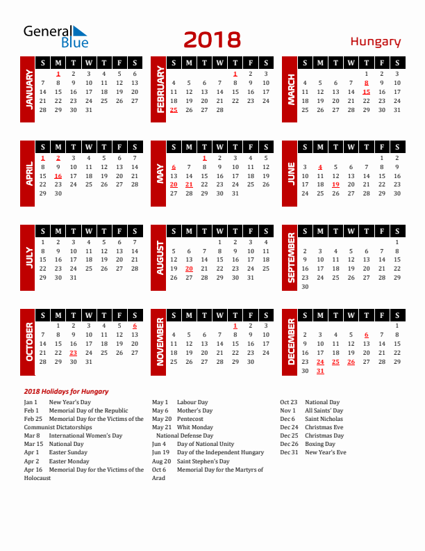 Download Hungary 2018 Calendar - Sunday Start