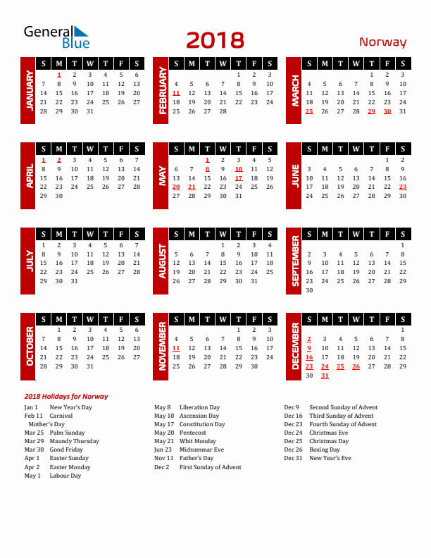 Download Norway 2018 Calendar - Sunday Start