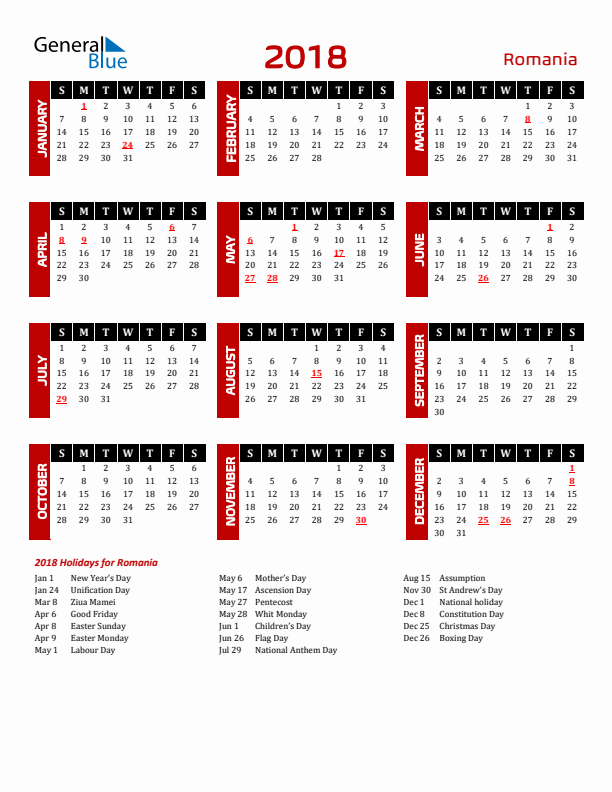 Download Romania 2018 Calendar - Sunday Start