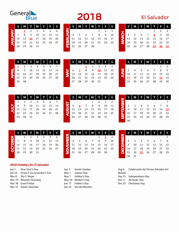 Download El Salvador 2018 Calendar - Sunday Start