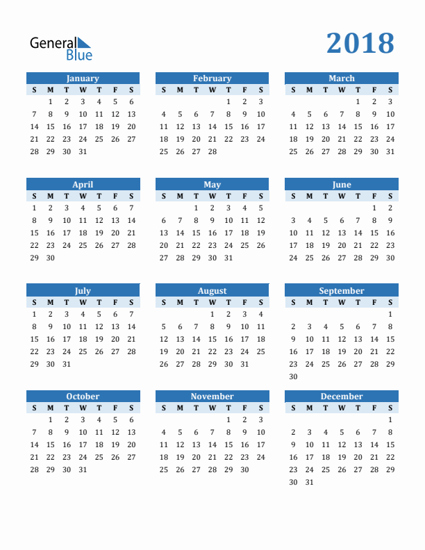 2018 Year Calendar with Sunday Start