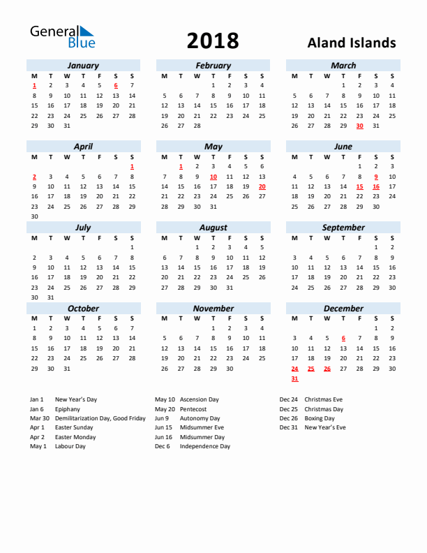 2018 Calendar for Aland Islands with Holidays