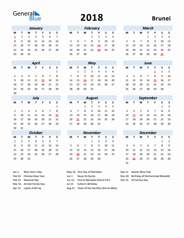 2018 Calendar for Brunei with Holidays