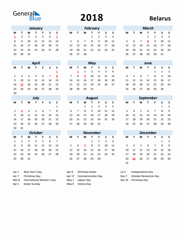 2018 Calendar for Belarus with Holidays