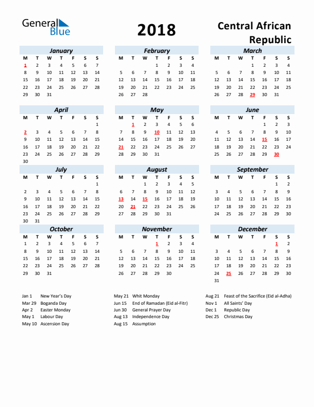 2018 Calendar for Central African Republic with Holidays