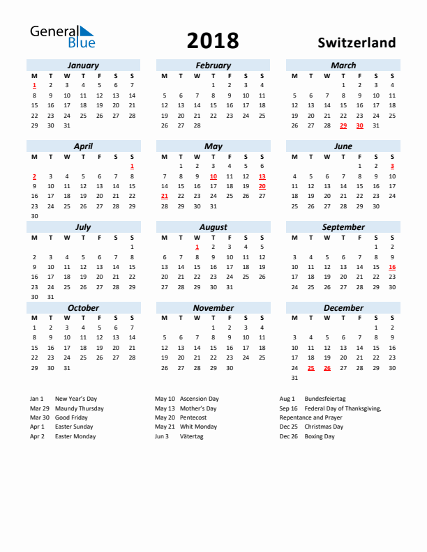 2018 Calendar for Switzerland with Holidays