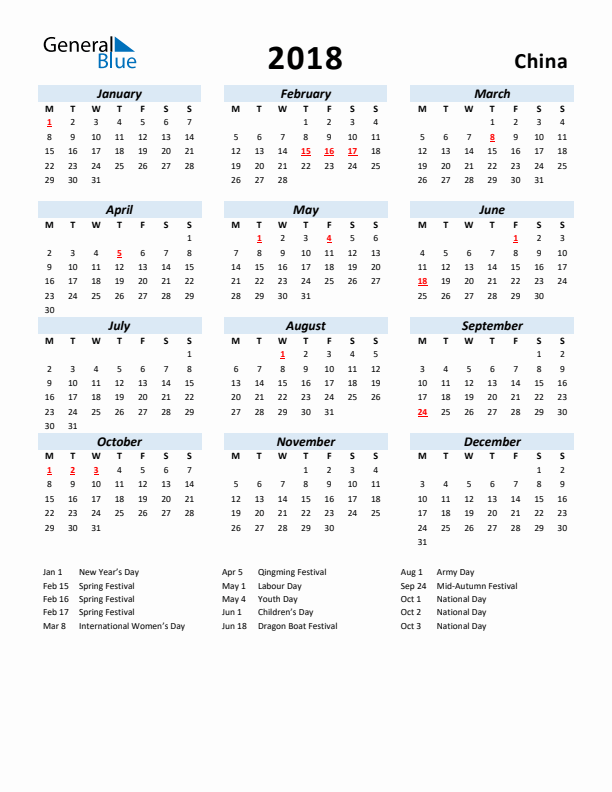 2018 Calendar for China with Holidays