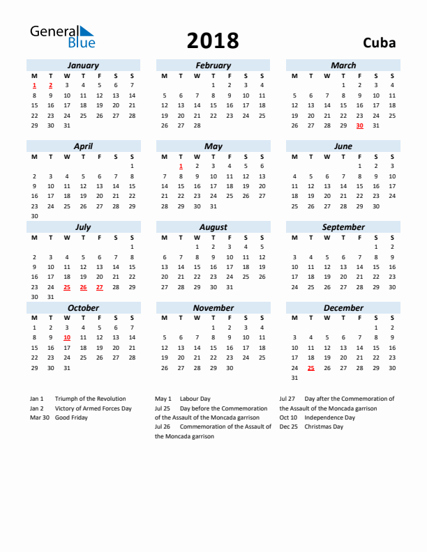 2018 Calendar for Cuba with Holidays