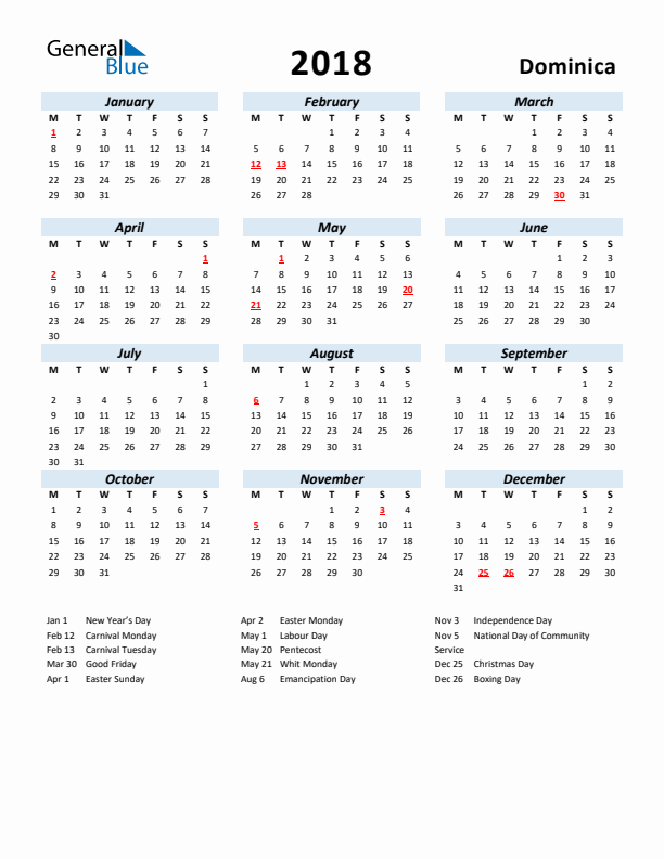 2018 Calendar for Dominica with Holidays