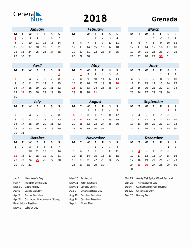 2018 Calendar for Grenada with Holidays