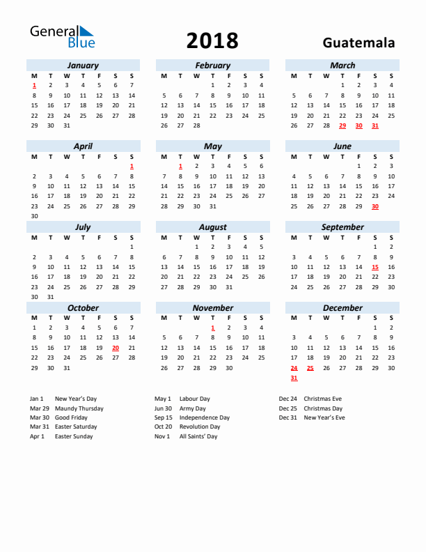 2018 Calendar for Guatemala with Holidays