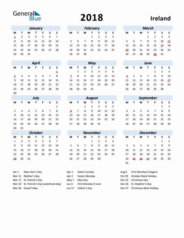 2018 Calendar for Ireland with Holidays