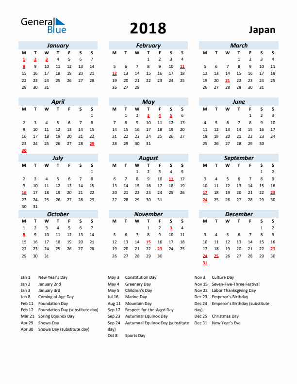 2018 Calendar for Japan with Holidays