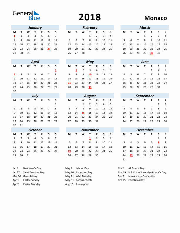 2018 Calendar for Monaco with Holidays