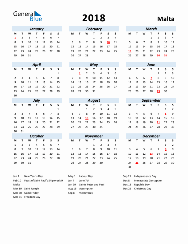 2018 Calendar for Malta with Holidays