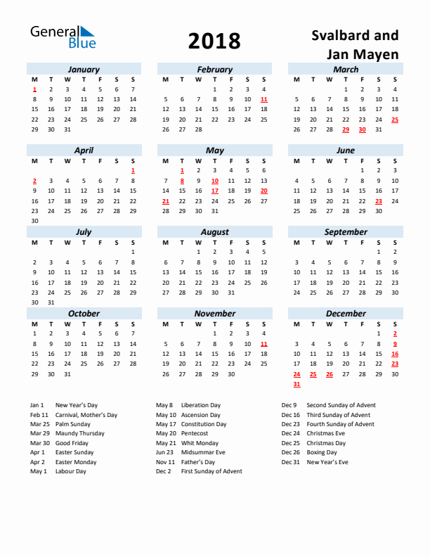 2018 Calendar for Svalbard and Jan Mayen with Holidays