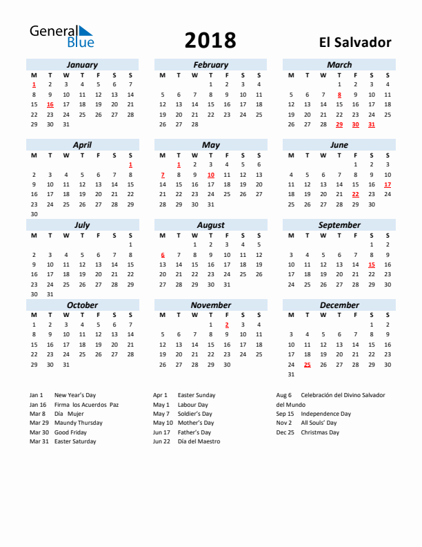 2018 Calendar for El Salvador with Holidays