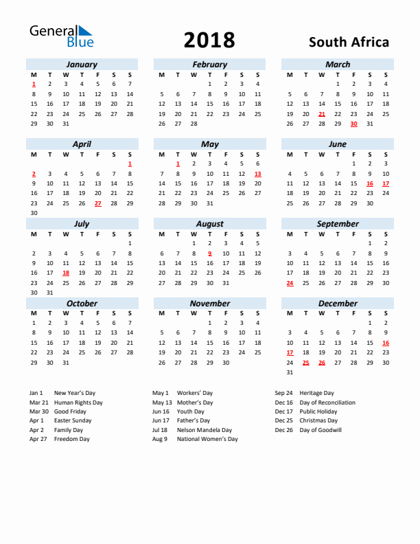 2018 Calendar for South Africa with Holidays