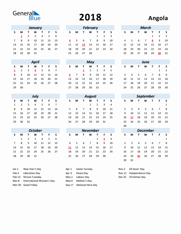 2018 Calendar for Angola with Holidays