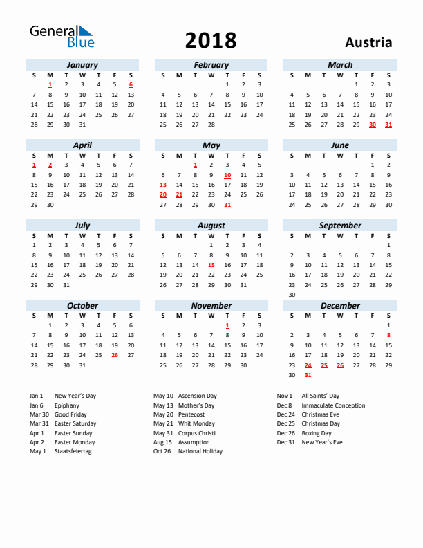 2018 Calendar for Austria with Holidays