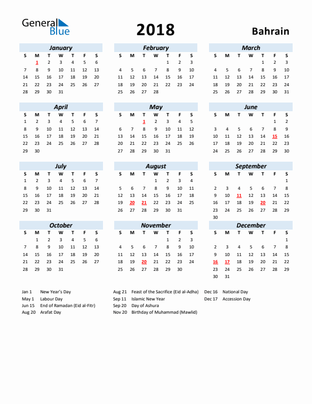 2018 Calendar for Bahrain with Holidays