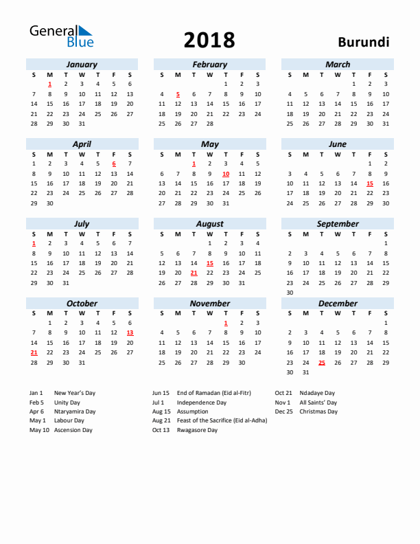 2018 Calendar for Burundi with Holidays