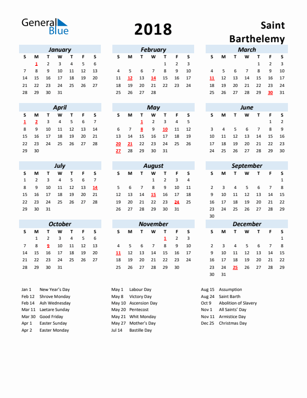 2018 Calendar for Saint Barthelemy with Holidays