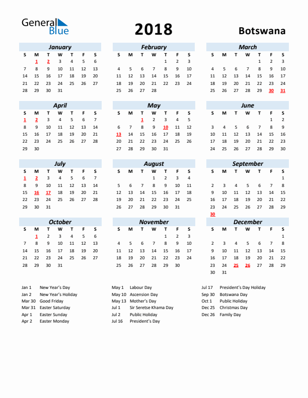 2018 Calendar for Botswana with Holidays